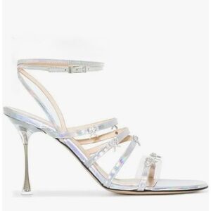 MACH & MACH Camille Silver Strap Heels with Diamanté Bows NWOT